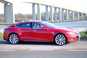 Tesla Model S P85+ in front of Orwell Bridge in Ipswich