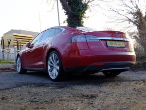 Tesla Model S P85+ pictured at a power station