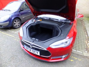 The Model S has a Front Trunk or 'Frunk', this give an enormous amount of storage space in addition to the boot or trunk