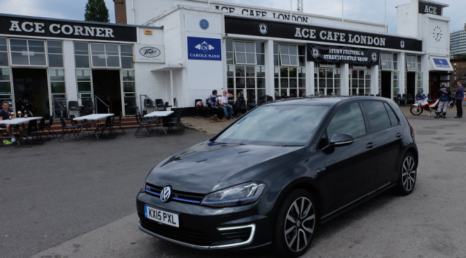 VW Golf GTE outside the lengendery Ace Cafe in London