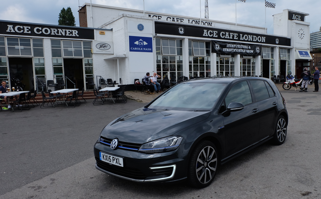 VW Golf GTE outside the lengendery Ace Cafe in London
