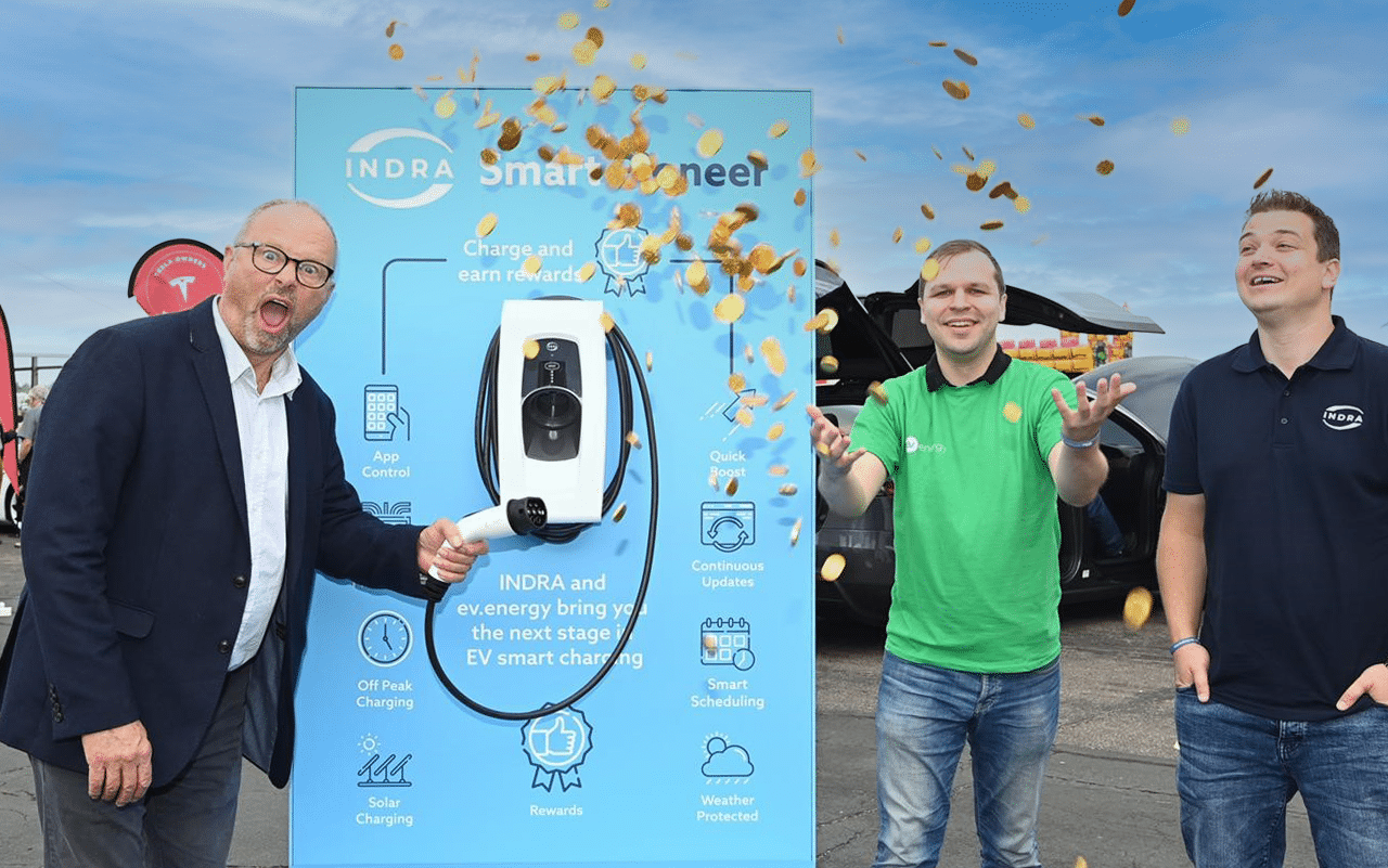 INDRA Founder and CTO Mike Schooling, ev energy and Robert Llewellyn with the INDRA Smart Pioneer