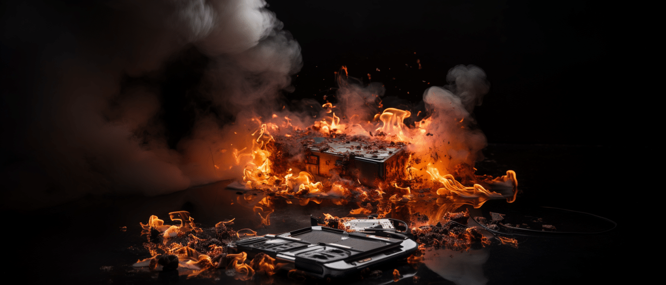 professional stock photo of an electric bike laying on it's side on a road in London a small lithium-ion fire in it's battery -ar 21:9