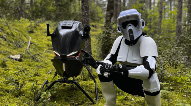 Star Wars Scout Trooper crounching next to the Volonaut Airbike ready for Star Wars Day on May the Forth - Image Credit: LinkedIn / Volonaut